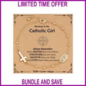 Virgin Mary Cross Charm Bracelet 14K Gold Plated 6" Length
